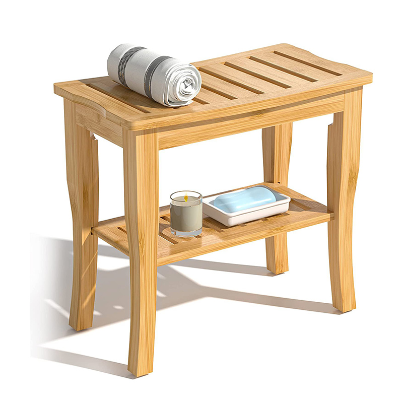 Siège de bain à 2 niveaux en bois avec étagère de rangement